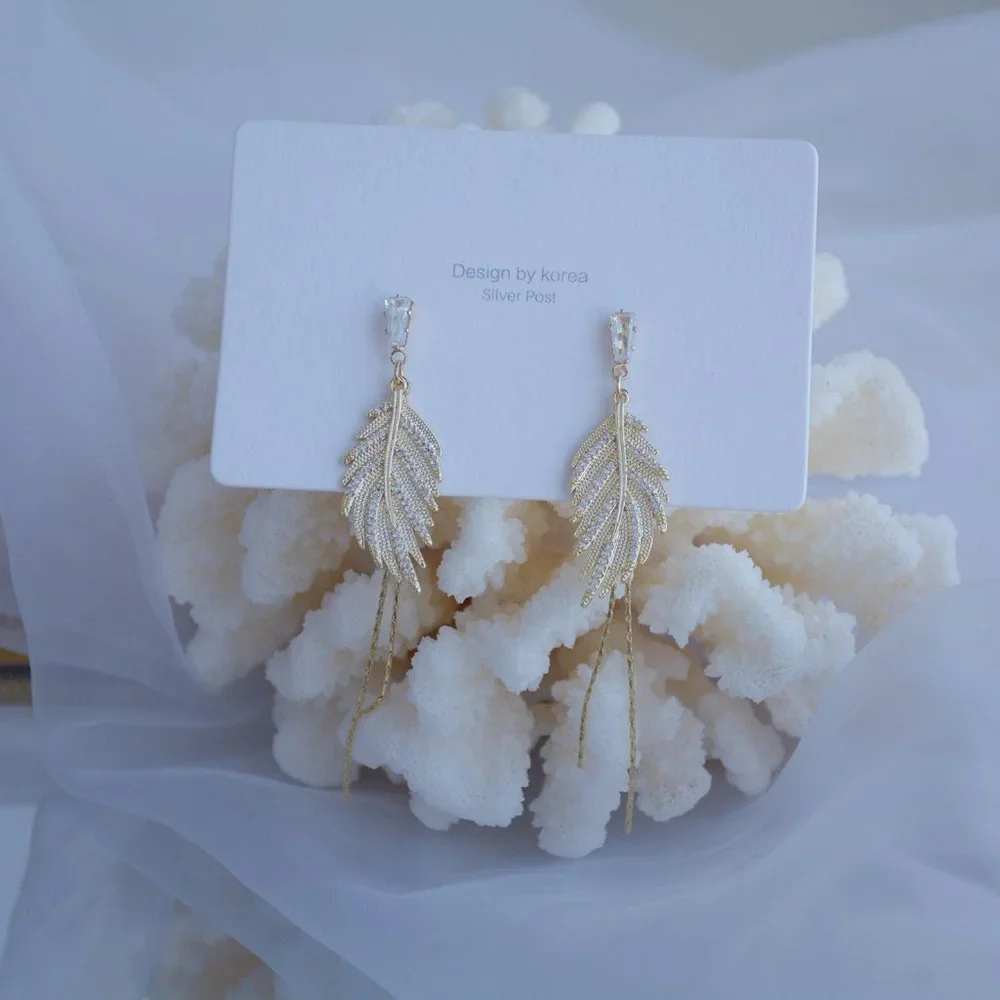 #NEW 14K Gold Plated Diamond Leaf Tassel Earrings